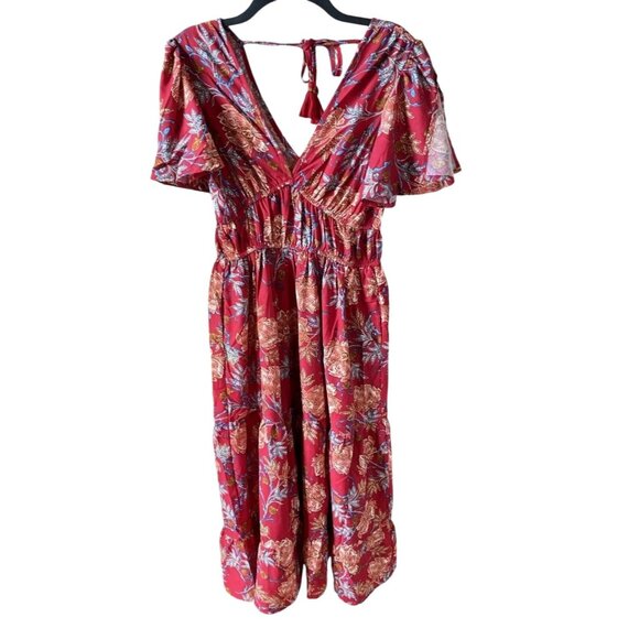 Band of the Free Connie Garnet Blush Boho Tiered Dress Sz Large Womens Red Cinch - Picture 5 of 13